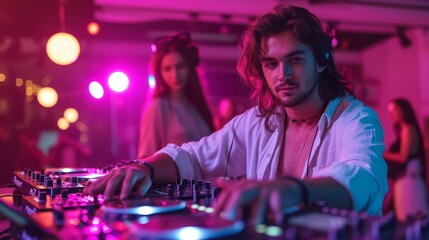 Fototapeta na wymiar Nightclub DJ Mixing Electronic Dance Music with Headphones