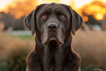 Portrait of a chocolate Labrador Retriever with sunset in the background