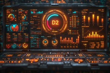 Obraz premium Futuristic spaceship control panel dashboard with various gauges, readouts and buttons.
