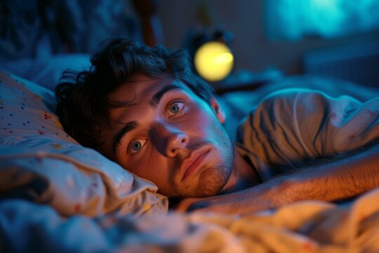 A young man lies in bed, staring at the ceiling, his eyes wide open. He is unable to sleep.