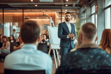 Businessman giving a presentation to a group of people in a conference room - obrazy, fototapety, plakaty