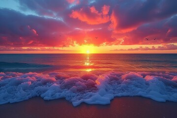 colorful cloudscape over beach with pink foamy waves - obrazy, fototapety, plakaty