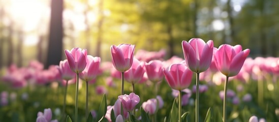 Colorful pink tulips blooming - obrazy, fototapety, plakaty