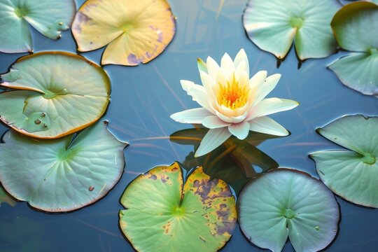 A beautiful white water lily flower in a pond surrounded by green lily pads.
