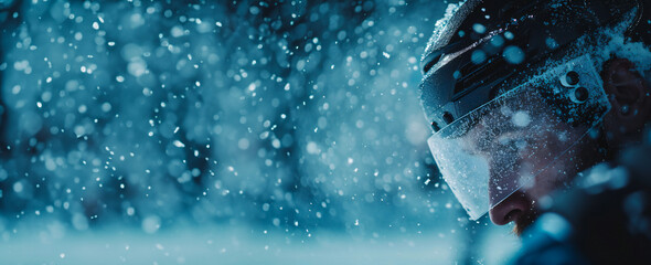 Profile portrait of professional hockey player in gear in cold snowy weather on ice banner with copy space. Hockey World Cup concept.