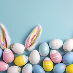 Fototapeta na wymiar Colorful Easter eggs and bunny ears on blue background