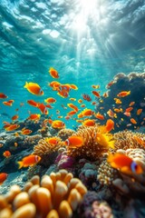 A vibrant and colorful coral reef with a variety of fish swimming around