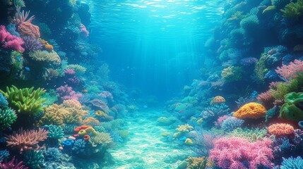Underwater coral reef with a sandy path in the middle