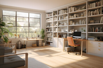 A home office with a sleek wall mounted monitor 