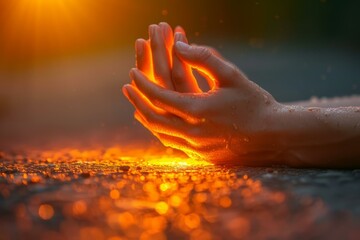 A person holding a handful of water in the sunlight - obrazy, fototapety, plakaty