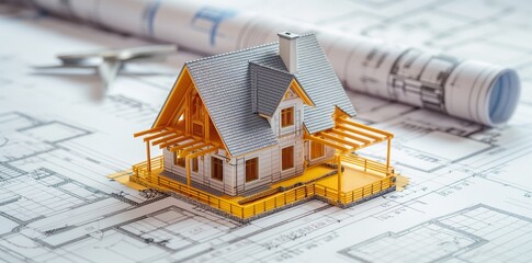 3d rendering illustration of new building model house on blueprint plan