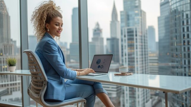 Confident business woman working on laptop in modern office with city view