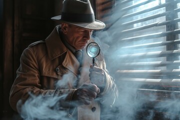 Film noir private investigator looking for clues with a magnifying glass in a smoky room