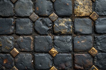 Black cobblestone street with golden accents