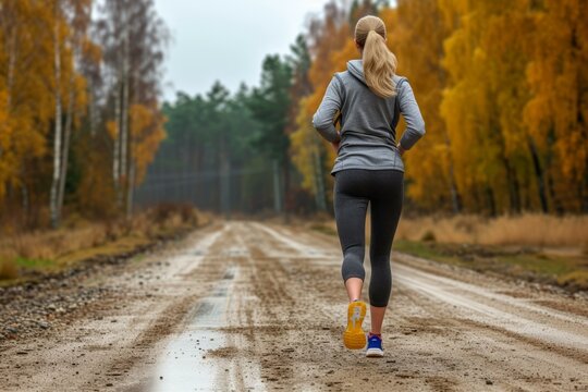 Young woman running on a rural road in autumn