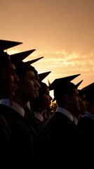 Obraz premium A group of diverse high school graduates at dusk