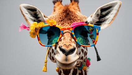 Żyrafa w kolorowych okularach i dekoracjach - obrazy, fototapety, plakaty