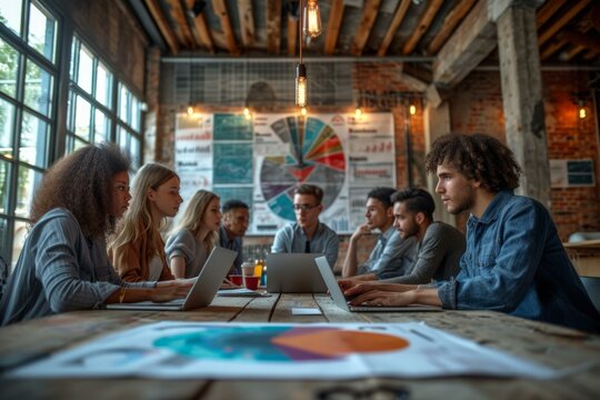 A group of people are sitting around a table in a room discussing business plans and using laptop computers.