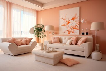 modern cozy soft interior design of a room in warm delicate pastel pink and beige colors. Stylish interior of living room with sofa