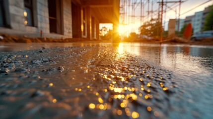 Close-up of wet concrete floor at construction site with setting sun in background