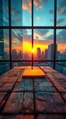 Wooden table by the window overlooking the sunset