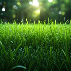 Close-up of green grass field with blurred trees and sunlight in the background
