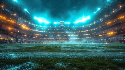American football game at night in a stadium with rain