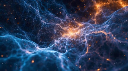 Fototapeta premium Abstract background with network of blue and orange energy lines, resembling a neural network or galaxy structure.