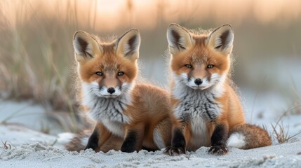 Two red foxes sit on the sand and look at the camera