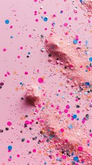 Pink glitter texture with scattered colorful confetti
