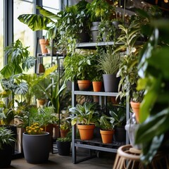 Fototapeta na wymiar Plants in pots at a rack
