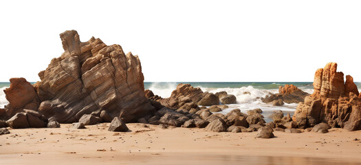 Varied rock formations arranged on a smooth sea sand surface, cut out - obrazy, fototapety, plakaty