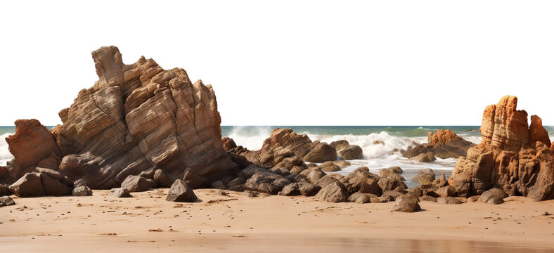 Varied rock formations arranged on a smooth sea sand surface, cut out