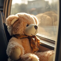Plush teddy bear sitting in a bus at the window - travel concept