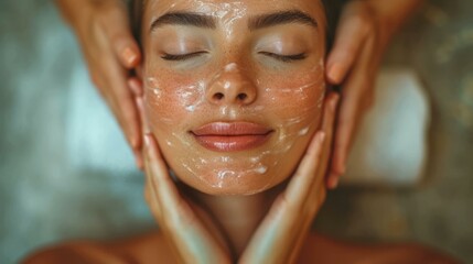 Relaxing facial massage with closed eyes - obrazy, fototapety, plakaty