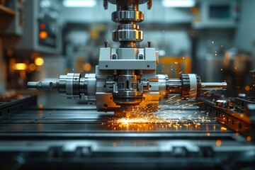 Industrial machinery processes metal with sparks flying