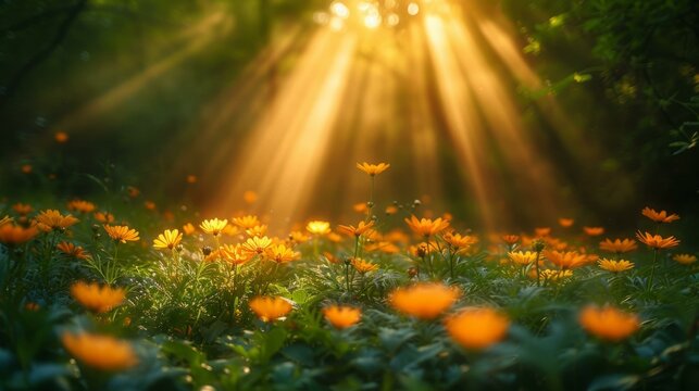 Close-up of orange daisies in a field with rays of sunlight shining through the trees
