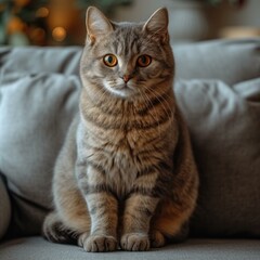 A cute cat is sitting on a gray sofa and looking at the camera