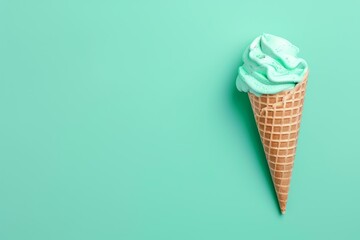 Single green ice cream cone on the left side of the picture