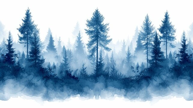 Blue misty forest landscape with pine trees in the morning light
