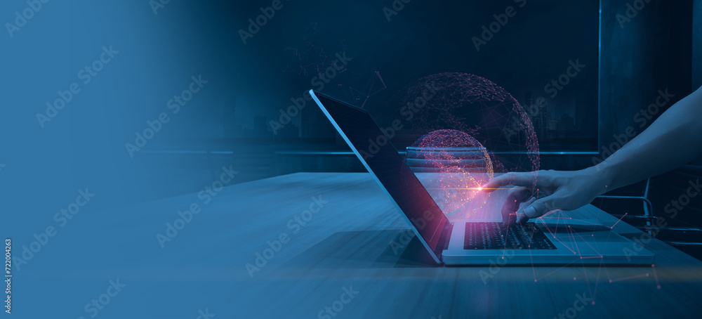 Poster AI-powered Network Management concept, Human hand working  Edge Computing Processing data closer to its source  the edge of the world network leading improved performance reduced costs modern office.