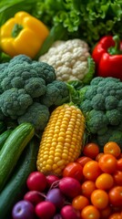 A variety of fresh vegetables are on display, including corn, broccoli, peppers, and tomatoes.