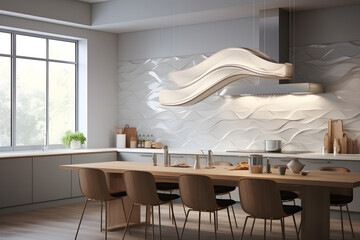A kitchen featuring a custom sculptural range hood