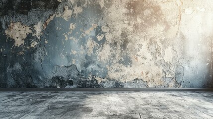 rays of light shining through an old weathered blue wall onto a concrete floor - obrazy, fototapety, plakaty