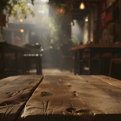 An empty wooden table in front of a blurred background of a restaurant
