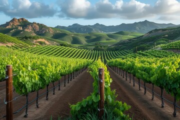 Naklejka premium Vineyard landscape with rolling hills and mountains in the background