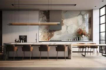 Fotobehang A kitchen featuring a statement art piece as a backsplash © sugastocks
