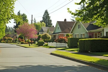 Naklejka premium Colorful suburban street with various types of houses and well-maintained lawns