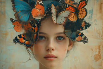 Portrait of woman with butterflies in her hair.