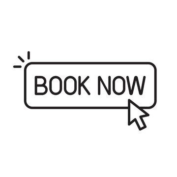 Book now button with arrow cursor icon, Reservation online advertising symbol, Vector illustration